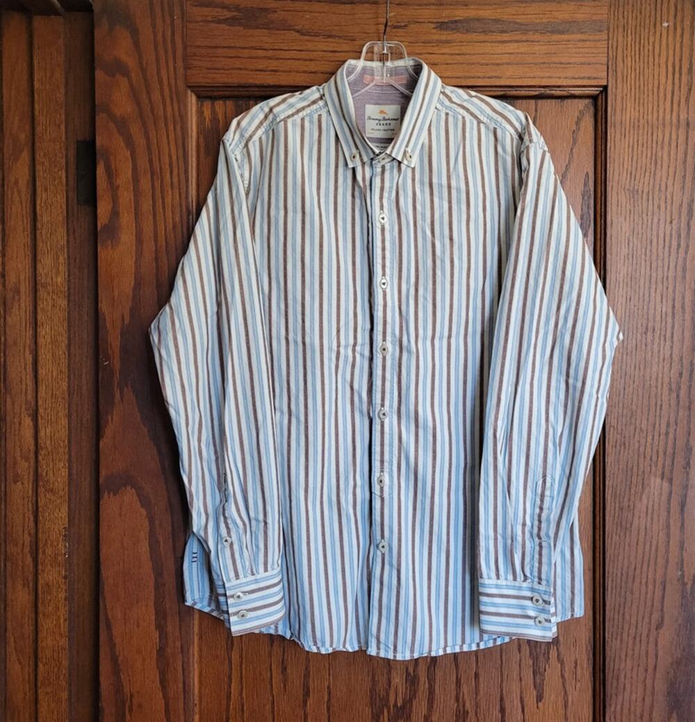 TOMMY BAHAMA Shirt Mens Large Jeans Island Modern Fit Blue Brown Striped Cotton